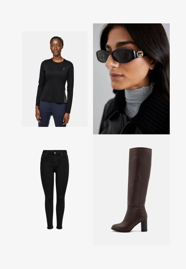 Prilagođeni tamnocrveni sako s jednim dugmetom, rever dugih kontrasta i dva prednja džepa; glatka tekstura i krojena izvedba.; Crna dugacka majica za sport s dugim rukavima, izrađena od materijala označenog "DRYTEC™." Ima okrugli ovratnik, glatku teksturu te logotip na lijevoj strani grudi i na rukavu.; Crne skinny traperice visokog struka s prednjim gumbom, petljama za remen i dizajnom od pet džepova, prikazane na bijeloj pozadini.; Smeđe kožne čizme do koljena s blok petom, glatkom teksturom, zaobljenim vrhom i minimalnim detaljima šivanja.; Crne sunčane naočale sa elegantnim pravokutnim okvirom i zlatnim logotipom na strani. Tamna stakla i sjajni finiš su istaknuti.
