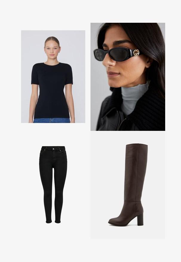 Blazer ajustado color burdeos con cierre de un solo botón, solapas en pico y dos bolsillos frontales; textura suave y diseño entallado.; Camiseta negra de manga corta hecha de una tela suave, con un cuello redondo y una silueta ajustada. Sin patrones ni acentos visibles.; Vaqueros skinny negros de cintura alta con botón frontal, trabillas para cinturón y diseño de cinco bolsillos, exhibidos sobre un fondo blanco.; Bota de cuero marrón hasta la rodilla con tacón bloque, textura suave, punta redondeada y detalles de costura mínimos.; Gafas de sol negras con un elegante marco rectangular y un acento de logotipo dorado en el lateral. Las lentes oscuras y el acabado brillante son prominentes.