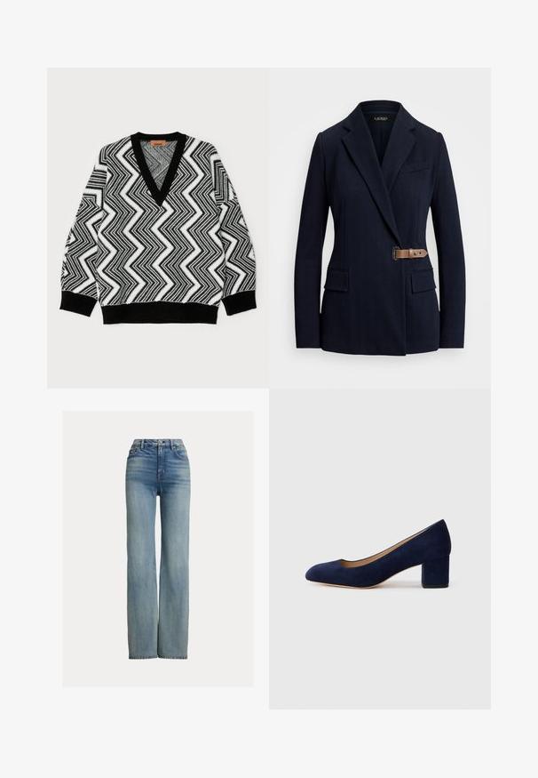 Mornarsko moder blejzer z izrezanimi klapami, dvema sprednjima žepoma s poklopcem, žepom na prsih ter rjavim usnjenim zaponko na desni strani.; Črno-bela pulover z zigzag vzorcem, z globokim V-izrezom, rebrastimi manšetami in robom, narejen iz teksturirane pletenine.; Modra kavbojka z visokim pasom in ravnimi nogavicami, z sprednjimi žepi, zankami za pas in gumbnim zapiranjem, z blagim postaranim detajlom.; Temno modri nubuk čevlji s koničastim nosom in srednje visokim blokom. Gladka tekstura z diskretnim sijajem in majhnim izrezom spredaj.