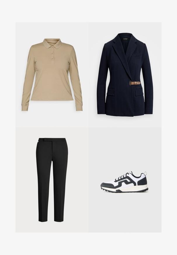 Tengerészkék zakó, kifordítható hajtókával, két elülső hajtókás zsebbel, mellkasi zsebbel és barna bőr csattal a jobb oldalon.; Hosszú ujjú bézs pólóing sima anyagból, gallérral és háromgombos felső résszel, fitted mandzsettákkal és egyenes szegéllyel.; Fekete, szűkített nadrág rugalmas anyagból, lapos derékpánttal, oldalsó zsebekkel és sima, matt felülettel. Nincsenek látható rögzítések.; Fehér és fekete, alacsony szárú utcai cipő, mintázott gumitalppal és cikk-cakk mintával az oldalán, az oldaláról látható, sima háttéren.