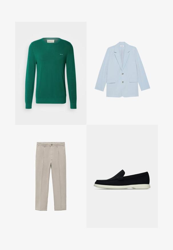 Svetlo modra blazer iz gladkega blaga; vsebuje dva sprednja žepa, enojno zapiranje z gumbom in ostrimi reverji.; Zeleni pleteni pulover z dolgimi rokavi, okroglim ovratnikom in teksturiranim vzorcem. Ima majhen bel logo na levem prsnem delu.; Svetlo bež hlače iz kombinacije bombaža, z naravnimi ravnimi hlačnicami, s sprednjimi gubami, z gumbom na zapiranju in stranskimi žepi.; Črne slip-on čevlje z zaobljenim nosom, ki imajo strukturirano zgornji del, gladek bel podplat in subtilen logotip na strani.