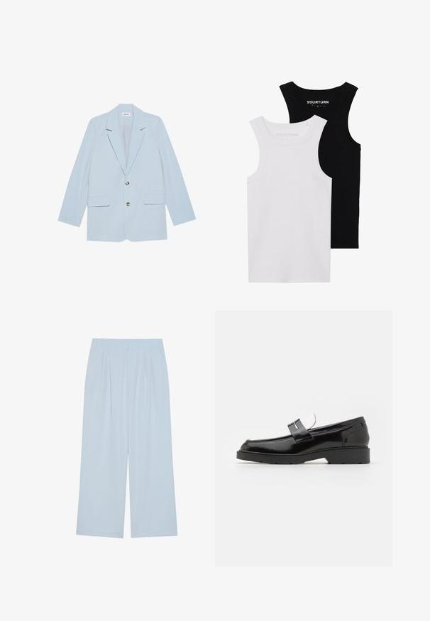 Hellblaues Blazer aus glattem Stoff; verfügt über zwei Fronttaschen, einen einzelnen Knopfverschluss und scharfe Revers.; Zwei figurbetonte Tanktops in Schwarz und Weiß. Aus geripptem Baumwollmaterial hergestellt, verfügen sie über breite Träger und runde Ausschnitte. Branding am Kragen.; Helleblaue weit geschnittene Hose aus glatt verarbeitetem Material, mit vorderen Falten und einem elastischen Bund für zusätzlichen Komfort.; Schwarze Lacklederloafer mit abgerundeter Spitze, versehen mit einer silbernen Schnallenakzent und einer strukturierten schwarzen Gummisohle.