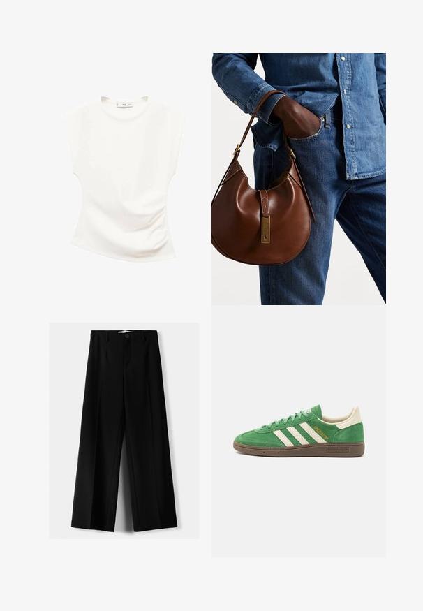 Mornarsko modra dvoredna blejzerica iz gladkega blaga. Ima dva sprednja žepa in zlato obarvane gumbe; strukturiran ovratnik in sproščen kroj.; Bela kratka majica s kratkimi rokavi z rahlo ukrivljenim robom in gladko, raztegljivo teksturo. Ima okroglo ovratnik in minimalistični dizajn.; Črne široke hlače iz lahkega materiala, z zapiranjem na gumb spredaj in ravnim sprednjim delom, s skrbno zašiti robovi.; Zelene zamšene teniske z belim trakom s tremi črtami, kremnimi detajli in rjavim teksturiranim podplatom. "SPEZIAL" vezeno z zlatimi nitmi na strani.; Rjava usnjena hobo torba zaobljene oblike, ki vsebuje zlatokovinske dodatke in kontrastno šivanje. V kombinaciji z denim srajco in kavbojkami.