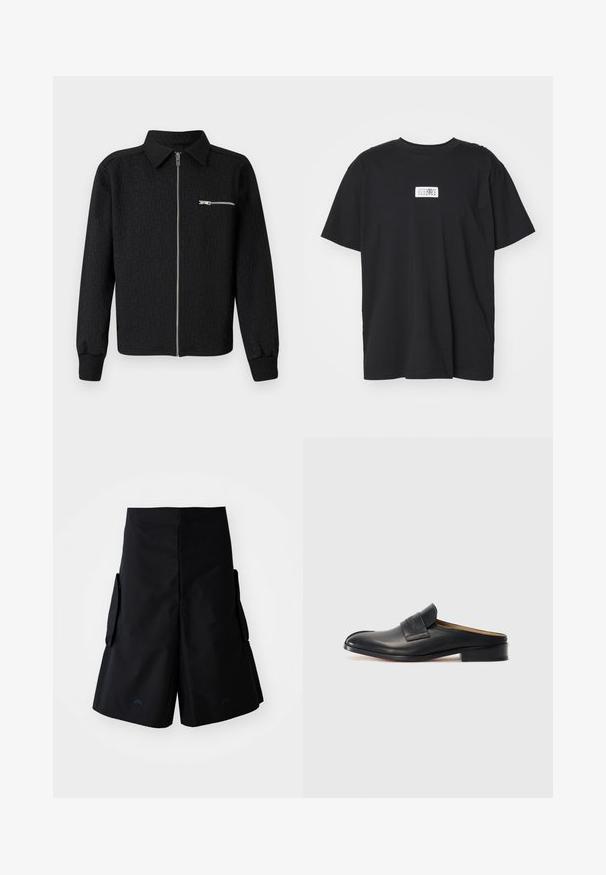 Zwarte zip-up jas met een textuurpatroon van het logo, kraag, en zijzak met rits. Voorzien van ribgebreide manchetten en zoom.; Zwarte katoenen T-shirt met een ronde hals, korte mouwen en een rechthoekig wit etiket met cijfers en een grafisch ontwerp.; A-COLD-WALL* FORM SHORT - Shorts - black onyx; Zwarte leren instapschoen met een ronde neus, lage blokhak en een bandje aan de voorkant. Gladde textuur met subtiele logo-detail op het bandje.