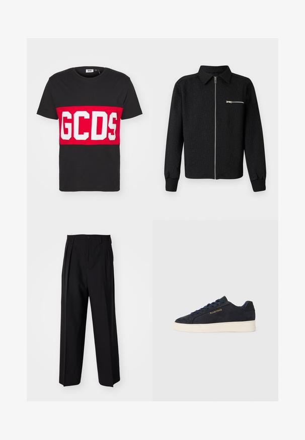 Casaco preto com fecho zip, apresentando um padrão de logotipo texturizado, colarinho e bolso lateral com fecho zip. Tem punhos e bainha canelados.; GCDS BAND LOGO REGULAR - T-shirt estampada - black; Calças pretas plissadas com um design reto e de perna larga. Feitas de um tecido liso, apresentam um fecho de botão e passantes para cinto.; Sapatilhas baixas em camurça azul-marinho com sola branca, atacadores azuis-marinho e o logótipo "Filling Pieces" em dourado na lateral.