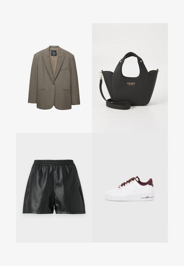 Rjav blazer z strukturiranimi rameni, enojnim gumbom za zapiranje in ovratnikom s klini. Ima dve sprednji žepi in gladko notranjo podlogo.; Bela pletiva s kablom pulover z dolgimi rokavi, okroglo izrezan in rebrastim robom. Ima majhen blagovni znak na prsih.; Črne umetne usnjene hlače s elastičnim pasom, ki imajo gladko teksturo in ohlapen kroj. Brez vidnih vzorcev ali okrasnih elementov.; Bele beleči copati iz usnja z temno rdečimi detajli, ki imajo okrogle vezalke, oblazinjen rob in teksturirane gumijaste podplate. Na strani je natisnjen napis "AIR".; Črna torbica z teksturiranim materialom, kratkimi ročaji in snemnim naramnim trakom. Značilna je zlatim logotipom. Kompaktna, strukturirana oblika.