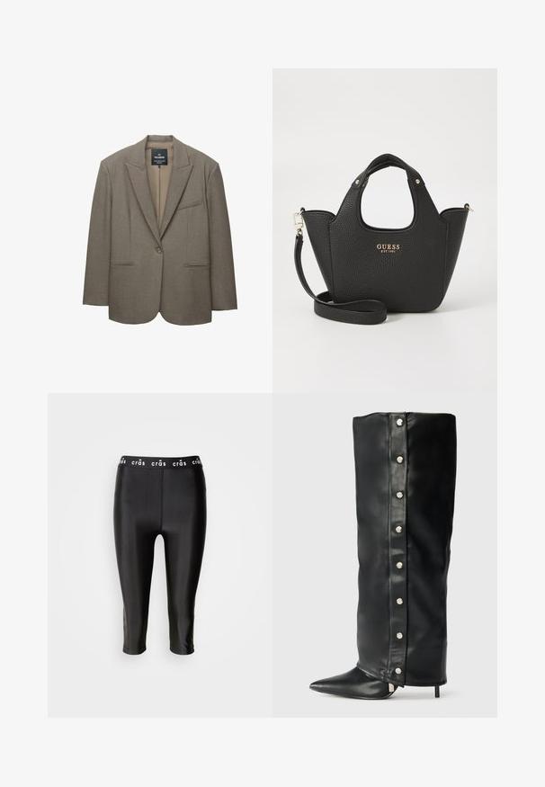Brun blazer med strukturerade axlar, enkel knappstängning och snedskurna slag. Har två framfickor och en slät innerfoder.; Vit kabelstickad tröja med långa ärmar, rund halsringning och ribbad nederkant. Har en liten logotyp på bröstet.; Svarta capribyxor med glansig finish, med ett brett midjeband märkt "crās" och mjuk textur. Inga synliga sömmar eller mönster.; Svarta läderhögklackade stövlar med en åtsittande design, spetsig tå och silverfärgade tryckknappar längs sidan.; Svart texturerad handväska med korta handtag och avtagbar axelrem. Har en gold logotypdetalj. Kompakt, strukturerad form.