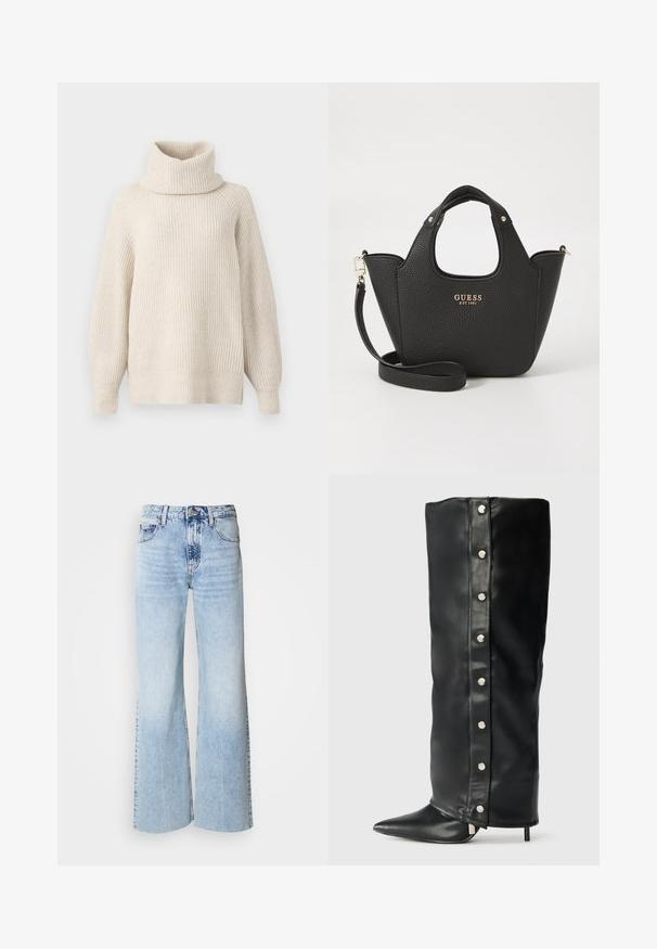 Brun blazer med strukturerade axlar, enkel knappstängning och snedskurna slag. Har två framfickor och en slät innerfoder.; Ljust beige, ribbat stickad turtlenecktröja med en avslappnad passform, nedhasade axlar och en tjock krage. Mjuk textur, något oversized design.; Ljusblå vida jeans med blekt denimtextur, hög midja och klassisk femficksdesign. Har en knapp- och dragkedjestängning.; Svarta läderhögklackade stövlar med en åtsittande design, spetsig tå och silverfärgade tryckknappar längs sidan.; Svart texturerad handväska med korta handtag och avtagbar axelrem. Har en gold logotypdetalj. Kompakt, strukturerad form.