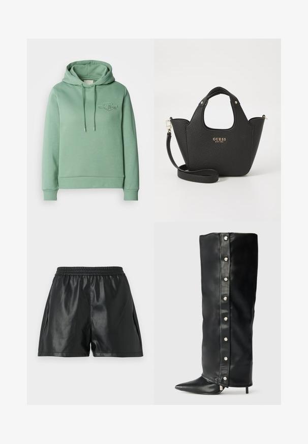 Sacou maro cu umeri structurati, inchidere cu un singur nasture si rever cu colturi. Dispune de doua buzunare frontale si o captuseala neteda.; Hanorac verde mentă cu buzunar tip kangaroo, glugă cu șnur, manșete ribbate și un mic logo brodat pe piept. Material moale din bumbac mixt.; Pantaloni scurți din imitație de piele neagră, cu un brâu elastic, având o textură netedă și un design lejer. Fără modele vizibile sau accente.; Cizme negre din piele cu toc înalt, având un design ajustat, vârf ascuțit și accente cu butoane metalice argintii pe lateral.; Geantă neagră texturată cu mânere scurte și o curea de umăr detașabilă. Are un accent cu logo-uri aurii. Formă compactă și structurată.