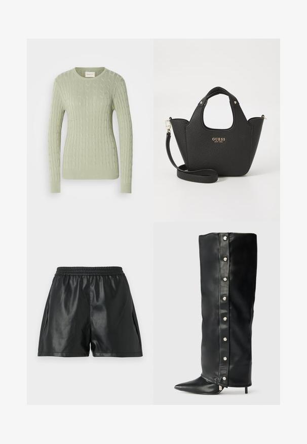 Brun blazer med strukturerede skuldre, enkelt knaplukning og hakker på revers. Har to forlommer og en glat inderside.; Lys grøn kabelstrikket sweater med rund halsudskæring, lange ærmer og ribbede manchetter. Har et lille logo på brystet.; Sorte shorts i kunstlæder med elastisk talje, der har en glat tekstur og løs pasform. Ingen synlige mønstre eller detaljer.; Sorte læder støvler med høj hæl, der har en tætsiddende design, spidse snuder og sølvknapdetaljer langs siden.; Sort tasket med tekstur, korte håndtag og en aftagelig skulderrem. Har et guld logo som accent. Kompakt, struktureret form.