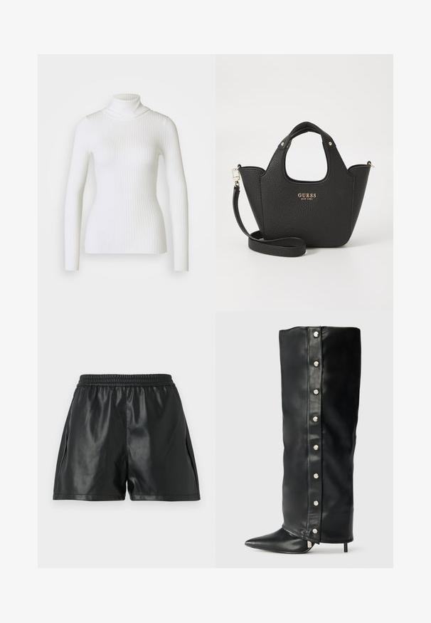 Hnědý blazer se strukturovanými ramenními vycpávkami, jednořadou knoflíkovou légou a klopami. Má dvě přední kapsy a hladkou podšívku.; Bílý žebrovaný rolák s dlouhými rukávy, který má přiléhavý střih a jemnou texturu. Plochý límec a bezšvový vzhled.; Černé kraťasy z umělé kůže s elastickým pasem, s hladkou texturou a volně střiženým designem. Žádné viditelné vzory ani akcenty.; Černé kožené vysoké boty na podpatku s přiléhavým střihem, špičatou špičkou a stříbrnými patentkami po straně.; Černá texturovaná kabelka s krátkými uchy a odnímatelným ramenním popruhem. Obsahuje zlatý akcent s logem. Kompaktní, strukturovaný tvar.