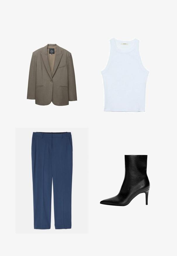 Brązowa marynarka z wyraźnymi ramionami, pojedynczym zapięciem na guzik i klapami. Posiada dwie przednie kieszenie oraz gładką podszewkę.; Biały top bez rękawów, prążkowana tekstura, okrągły dekolt, dopasowany krój, subtelne logo na metce wewnątrz obszaru kołnierza.; Theory TREECA niebieski; Czarne skórzane botki sięgające kostki z wąskim, szpiczastym noskiem i smukłym, średniej wysokości obcasem w kształcie szpilki, o gładkiej fakturze i bez widocznych zapięć.