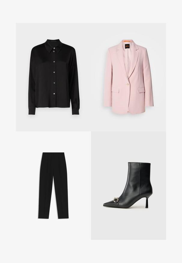 Blazer rosa su misura con revers a pattina, chiusura con un solo bottone, due tasche anteriori e una texture liscia. Etichetta del marchio visibile all'interno del colletto.; Maglietta nera a maniche lunghe con colletto classico, presenta una chiusura frontale con bottoni blu e un tessuto liscio e testurizzato.; Pantaloni neri a taglio dritto, con doppie pieghe, una texture liscia e un design classico in vita. Nessun hardware o dettaglio visibile.; Stivale alla caviglia in pelle nera con punta affusolata, tacco sottile di media altezza e dettaglio in fibbia argentata sul lato, su sfondo semplice.