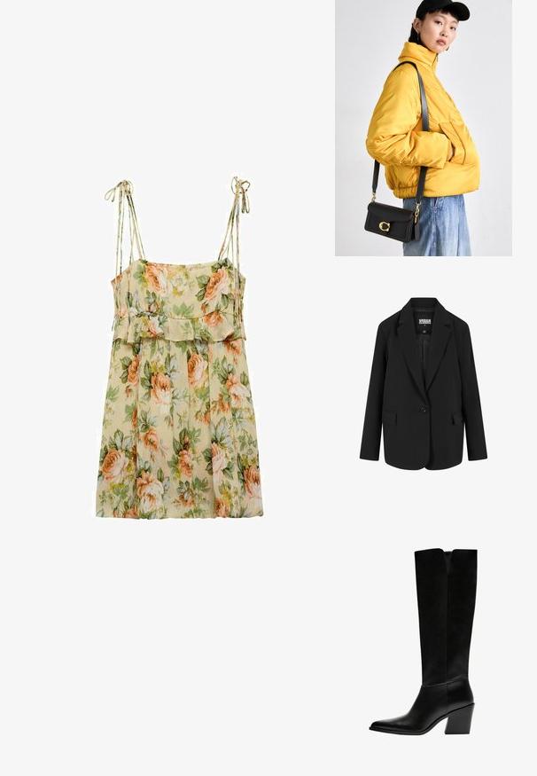 Sort blazer i en struktureret design med en enkelt knappelukning, klaplommer og to forlommer. Fremstillet af glat stof med en skræddersyet pasform.; Blomster-sommerkjole i lys beige med fersken- og grønne roser. Har tynde skulderstropper, en volanglivlinje og en svaje, løs pasform.; Sorte knæhøje støvler lavet af glat læder, med spids tå, blokhæl og en V-formet udskæring foroven.; Gul polstret jakke med høj krave og frontlomme, parret med en sort crossover-taske med guldfarvet hardware. Casual denim bukser.