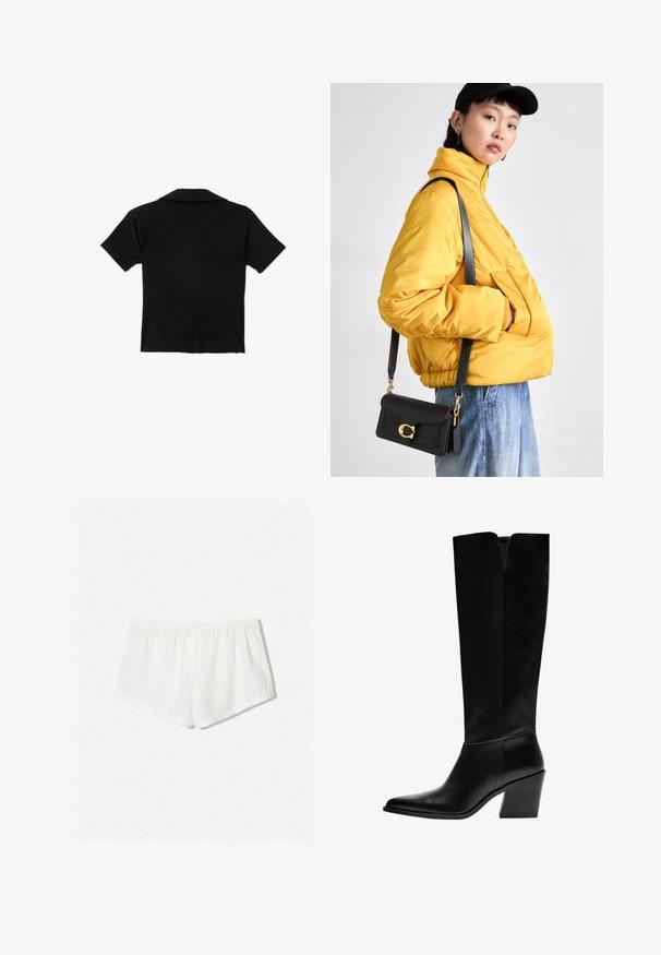 Black blazer in a structured design with a single button closure, notch lapels, and two front pockets. Made from smooth fabric with a tailored fit.; Black short-sleeve polo shirt made of soft fabric, featuring a classic collar and hemline finishing, with no visible patterns or accents.; White cotton shorts with an elastic waistband, featuring a simple design and smooth texture. The silhouette is relaxed and short.; Black knee-high boots made of smooth leather, featuring a pointed toe, a block heel, and a V-shaped cutout at the top.; Yellow padded jacket with high collar and front pocket, paired with a black crossbody bag featuring gold hardware. Casual denim bottoms.