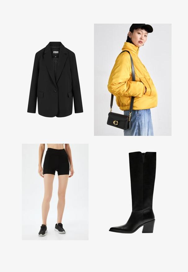 Blazer nero dal design strutturato con chiusura a un bottone, revers a lancia e due tasche frontali. Realizzato in tessuto morbido con una vestibilità tailored.; T-shirt bianco scollato sulle spalle realizzato in un tessuto morbido e leggero. Maniche corte, forma aderente e orlo arrotolato. Texture liscia.; Pantaloni sportivi neri con vita alta, design aderente e cuciture piatte. Abbinati a scarpe sportive nere con allacciatura, dotate di una tomaia testurizzata.; Stivali neri al ginocchio in pelle liscia, con punta appuntita, tacco a blocco e un'apertura a forma di V nella parte superiore.; Giacca gialla imbottita con colletto alto e tasca anteriore, abbinata a una borsa a tracolla nera con dettagli in oro. Pantaloni in denim casual.