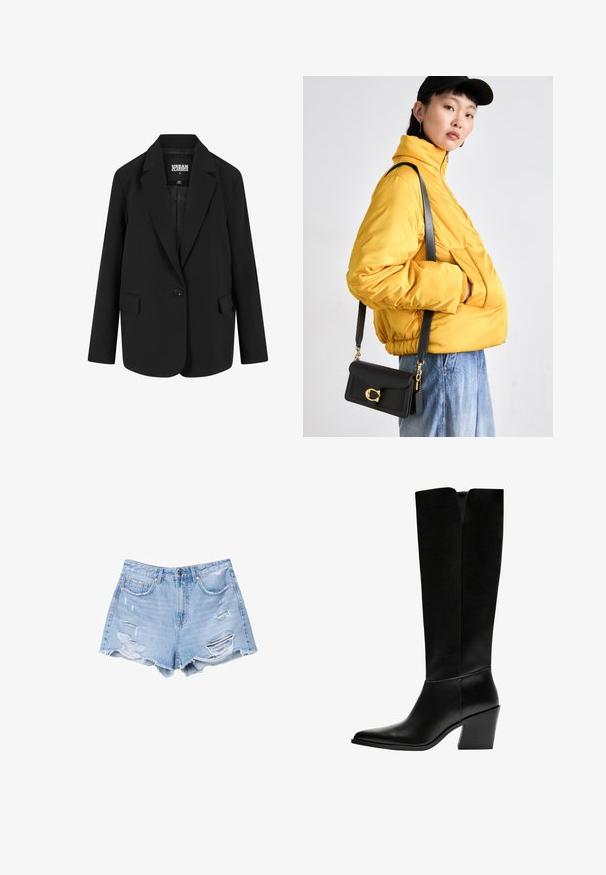 Musta bleiseri rakenteellisella muotoilulla, joka on varustettu yhden napin kiinnityksellä, avonaisilla läpyillä ja kahdella etutaskulla. Valmistettu sileästä materiaalista, jossa on muotonsa mukainen istuvuus.; Valkoinen lyhythihainen t-paita, joka on valmistettu puuvillasta. Siinä on punaista tekstiä: "Anteeksi, jos näyttäydyin kiinnostuneelta, kultaseni, en ole." Lyhyet hihat ja pyöreä pääntie.; Vaaleansiniset farkkushortsit, joissa on hapsutetut helmukset ja kulutettu yksityiskohta, etupussit ja napitus.; Mustat polvimittaiset saappaat, jotka on valmistettu sileästä nahasta. Saappaissa on terävä kärki, tukevat korko ja V-muotoinen leikkaus ylhäällä.; Keltainen pehmustettu takki korkean kauluksen ja etutaskun kanssa, yhdistettynä mustaan olkalaukkuun, jossa on kultaiset yksityiskohdat. Rentouttavat farkut.