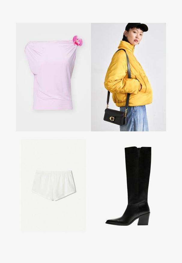Sort blazer i en struktureret design med en enkelt knappelukning, klaplommer og to forlommer. Fremstillet af glat stof med en skræddersyet pasform.; Lyserød off-the-shoulder top lavet af glat stof, med et blomstermotiv på højre skulder og samlingdetaljer på venstre side.; Hvide bomulds shorts med elastisk talje, der har et enkelt design og en glat tekstur. Silhuetten er afslappet og kort.; Sorte knæhøje støvler lavet af glat læder, med spids tå, blokhæl og en V-formet udskæring foroven.; Gul polstret jakke med høj krave og frontlomme, parret med en sort crossover-taske med guldfarvet hardware. Casual denim bukser.