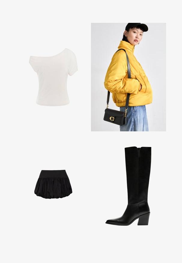 Sort blazer i en struktureret design med en enkelt knappelukning, klaplommer og to forlommer. Fremstillet af glat stof med en skræddersyet pasform.; Hvid off-the-shoulder t-shirt lavet af blødt, letvægtsstof. Korte ærmer, tætsiddende form og rullet kantdetalje. Glat tekstur.; Sort mini-nederdel med en struktureret talje og et voluminøst, samlede design. Lavet af letvægtsstof med en glat tekstur.; Sorte knæhøje støvler lavet af glat læder, med spids tå, blokhæl og en V-formet udskæring foroven.; Gul polstret jakke med høj krave og frontlomme, parret med en sort crossover-taske med guldfarvet hardware. Casual denim bukser.