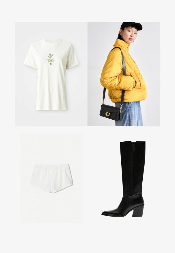 Zwart blazer in een gestructureerd ontwerp met een enkele knoopsluiting, notch-revers en twee voorzakken. Gemaakt van een gladde stof met een getailleerde pasvorm.; Witte korte mouwen t-shirt met een groen plantje dat groeit uit twee gekuifte handen, grafisch gecentreerd op de borst.; Witte katoenen shorts met een elastische tailleband, met een eenvoudig ontwerp en een gladde textuur. De silhouet is relaxed en kort.; Zwarte laarzen tot de knie van soepel leer, met een puntige neus, een blokhak en een V-vormige uitsparing aan de bovenkant.; Geel gewatteerde jas met hoge kraag en voorzak, gecombineerd met een zwarte schoudertas met gouden hardware. Casual denim broek.