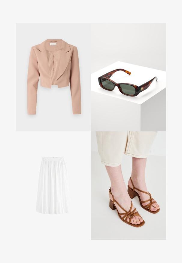 Lyhyt jakku vaaleanpunaisena, jossa on läppäkaulus, pitkät hihat ja sileä kangas, jossa on selkeä ja yksinkertainen muotoilu.; Valkoinen lyhythihainen t-paita, joka on valmistettu pehmeästä kankaasta. Sillä on pyöreä pääntie ja yksinkertainen, siisti muotoilu suoralla helman lopulla.; Valkoinen, polvipituinen hame, joka on valmistettu kevyestä kankaasta. Erottuu joustavasta vyötäröstä, joka mahdollistaa säädettävän istuvuuden ja pehmeän laskeutumisen.; Ruske strappy visoke potpetice sandale s debelom potpeticom, s čvorastim trakama i otvorenim prstima. Teksturirana potpora i podesiva naramenica na gležnju.; Kattovalokkeet, jotka ovat kilpikonnakuosiset, suorakulmaiset ja joissa on vihreät linssit. Leveä kehys, sileä pinta, kultainen yksityiskohta sivussa ja kapeat tempurit.