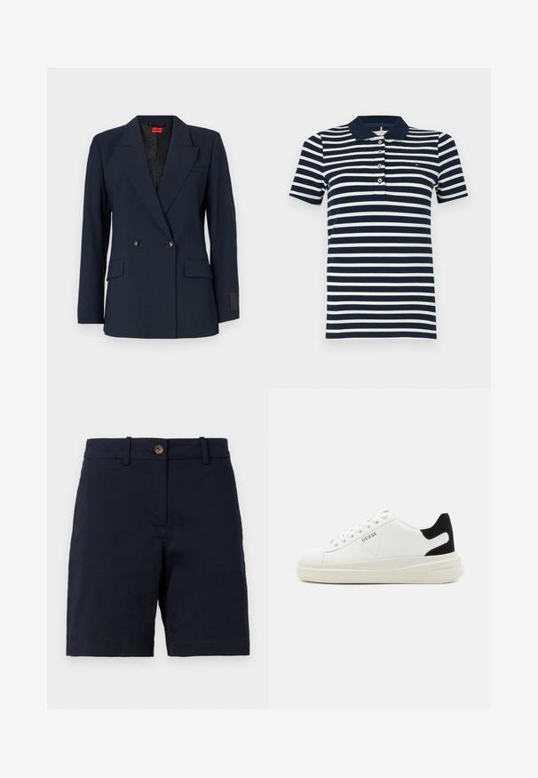 Marineblauwe dubbelgebreide blazer met geknipte revers, twee voorzakken en zwarte knopen. Heeft een gestreepte binnenvoering.; Marineblauwe en witte gestreepte polo met een knoopsluiting en korte mouwen; heeft een kraag en een klein merklogo op de borst.; Marineblauwe shorts van katoen met een knoopsluiting, riemlussen en een rechte pijpdesign. Gladde textuur zonder zichtbare patronen.; Witte leren sneakers met een dikke witte zool, zwarte suède hielaccent en een geperst logo op de zijkant. Vetersluiting met zes oogjes.