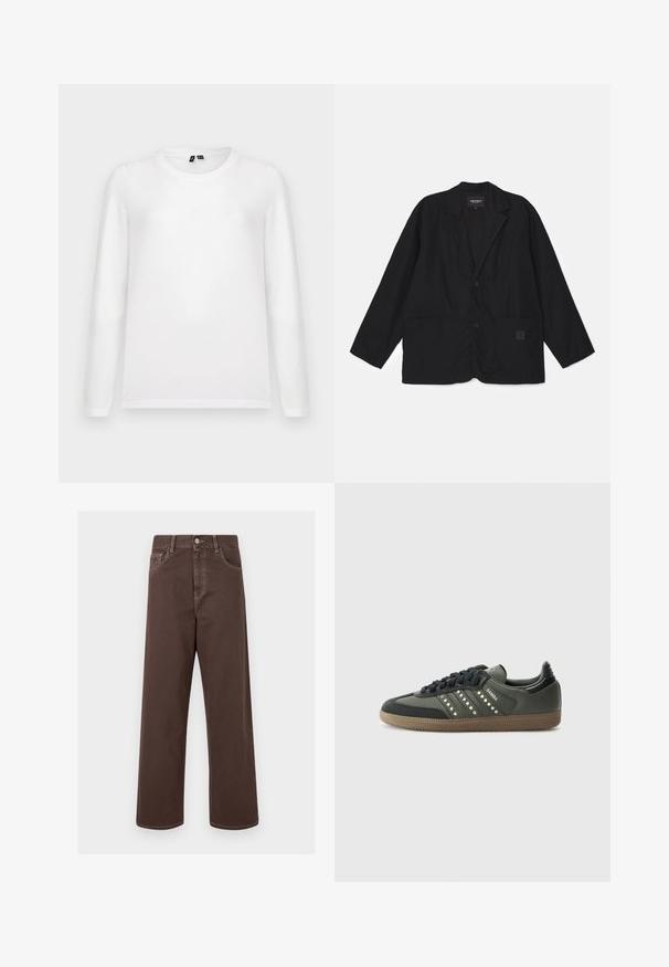 Schwarze Jacke mit Kragen, zwei vorderen Taschen und einem einzigen Knopfverschluss. Hergestellt aus leichtem Stoff mit lockerer Passform.; Ein schlichtes weißes Langarmshirt mit Rundhalsausschnitt liegt flach auf einem hellgrauen Hintergrund, wobei die Etiketten am Kragen sichtbar sind.; Braune weit geschnittene Jeanshose mit kontrastierenden Nähten, fünf Taschen und einer metallenen Knopfverschlus. Glatte Textur, gerader Schnitt.; adidas Originals SAMBA OG - Sneaker low - core black/legend earth/gum