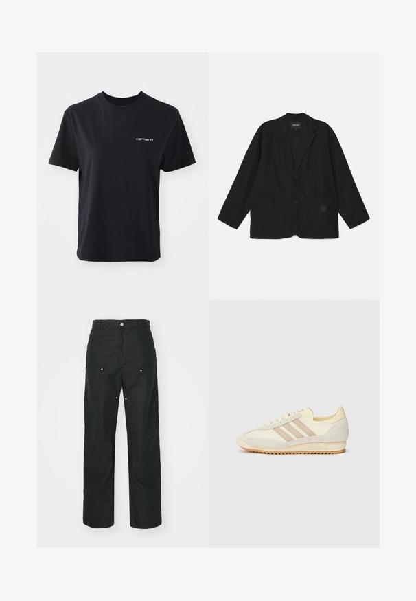 Black jacket featuring a collar, two front pockets, and a single button closure. Made from lightweight fabric with a relaxed fit.; Black cotton t-shirt with crew neck, short sleeves, and white "carhartt" logo on the left chest. Smooth texture, standard fit.; Black trousers with a straight-leg design, made of a textured fabric. Features decorative silver hardware and unique seam detailing.; Cream athletic sneaker featuring three beige stripes, suede and textile materials, a textured sole, and embossed branding on the heel.