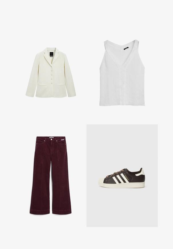 Crèmekleurige enkelsluiting blazer met notch-lapels, vijf knopen, twee voorzakken met kleppen en lange mouwen.; Massimo Dutti FLOWING DOUBLE FABRIC GARMENT - Top - white; Bordeaux corduroy wijde broek met een gladde textuur, voorzien van twee voorkzakken en een knoopsluiting. Afgewerkte onderkanten maken het ontwerp compleet.; Low-top Adidas Superstar sneaker in donkerbruin leer met crème shell-toe, witte strepen en de tekst "Superstar" aan de zijkant.