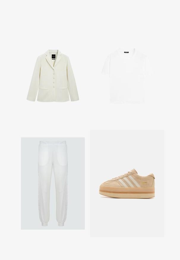 Crèmekleurige enkelsluiting blazer met notch-lapels, vijf knopen, twee voorzakken met kleppen en lange mouwen.; Witte korte mouwen t-shirt van katoen. Heeft een ronde halslijn en een ontspannen pasvorm. Glad textuur, geen patronen of accenten.; Witte joggerbroeken met elastische tailleband, zijzakken en ribbels bij de boorden. Gladde stof met een iets losse pasvorm en gebogen stikdetails.; Beige suede platform sneakers met witte drie stroken, ronde neus en beige rubberen zool met een gouden logo-accent aan de zijkant.