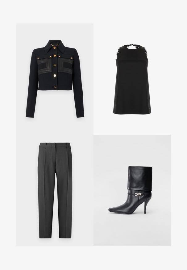 Černá zkrácená bunda s dlouhými rukávy, strukturovaným límcem, zlatými knoflíky vpředu a prošitými obdélníkovými koženými panely na hrudi.; Černý top bez rukávů s vysokým výstřihem, zdobený třepícími se krajkovými akcenty na ramenou a jemnou, hladkou texturou.; Kalhoty v antracitově šedé barvě, upravené na míru, s plochým předním dílem, bočními kapsami a rovnými nohavicemi s hladkou texturou.; Černé kožené kotníkové boty s špičatou špičkou, vysokým stiletto podpatkem, ohrnovací manžetou a zlatým ozdobným přezkovým detailem na kotníku.