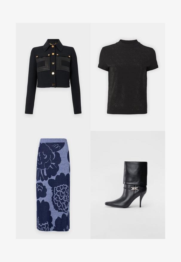 Fekete, rövidített dzseki hosszú ujjal, struktúrált gallérral, arany gombokkal az elején, és varrott téglalap alakú bőrpanel részletekkel a mellrészen.; Fekete, rövid ujjú felső, magas nyakkal és dombornyomott, gyémántmintás dizájnnal. Puha anyag, sima felülettel és finom csillogással.; Kötött szoknya nagy virágmintákkal sötétkék és világoskék árnyalatokban. Egyenes fazon, bordás derékkal. Puha tapintás.; Fekete bőr bokacsizma hegyes orral, magas stiletto sarokkal, hajtott szegéllyel és arany díszcsattal a bokán.