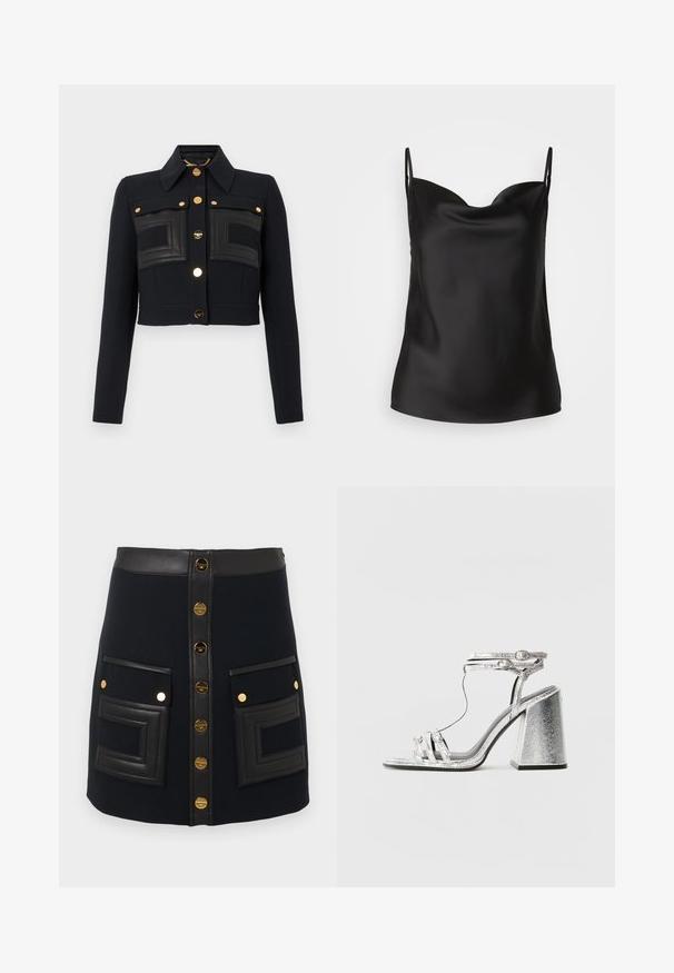 Schwarze kurze Jacke mit langen Ärmeln, strukturiertem Kragen, goldenen Knöpfen auf der Vorderseite und gestickten rechteckigen Lederpaneelen auf der Brust.; Schwarzes Satin-Camisole mit tiefem Ausschnitt, dünnen Trägern und einer glatten, glänzenden Textur. Einfaches, klassisches Design ohne Verzierungen.; Schwarzer A-Linie Rock mit goldenen Knöpfen vorne, einem taillierten Bund aus Kunstleder und großen aufgesetzten Taschen mit geometrischer Stickerei.; Silberne Sandale mit Blockabsatz, ausgestattet mit dünnen Riemen und einer Schnalle am Knöchel. Das Material hat eine metallische Optik mit einer strukturierten Oberfläche.