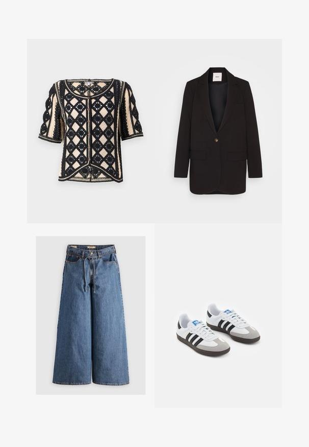 Blazer negro con cierre de un solo botón, dos bolsillos frontales, solapas muescas y una textura suave. Etiqueta visible dentro del cuello.; Cárdigan corto de manga corta en negro y crema con un diseño de encaje geométrico, cierre de botones y detalles decorativos en el borde.; Bodysuit negro de encaje con mangas largas, estampado de flores y escote redondeado; presenta un corte de tanga en la parte inferior para una silueta ajustada.; Pantalones de mezclilla de pierna ancha en azul medio con cintura alta, que cuentan con un cordón, cinco bolsillos y detalles de costura en contraste.; Zapatillas deportivas con parte superior de piel blanca, puntera de ante gris y tres rayas negras. Presentan un logo azul en la lengüeta y una suela de goma texturizada.