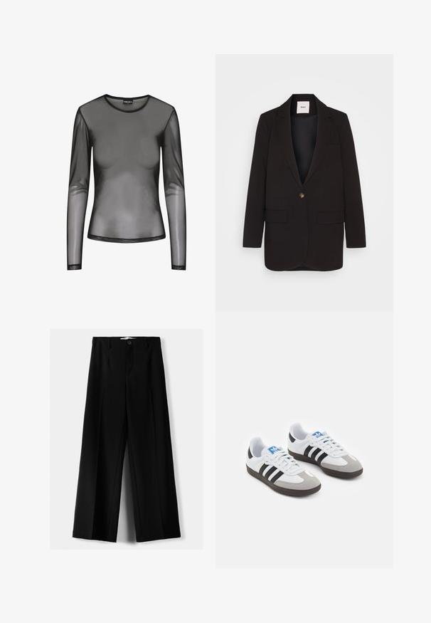 Black blazer with a single button closure, two front pockets, notched lapels, and a smooth texture. Label visible inside the collar.; Black long-sleeve mesh top with a round neckline, featuring sheer fabric and a fitted shape. Edges are finished with black stitching.; Black wide-leg trousers made of lightweight fabric, featuring a front button closure and flat front, with neatly stitched hems.; Sport shoes with a white leather upper, gray suede toe, and three black stripes. Features a blue logo on the tongue and a textured rubber sole.