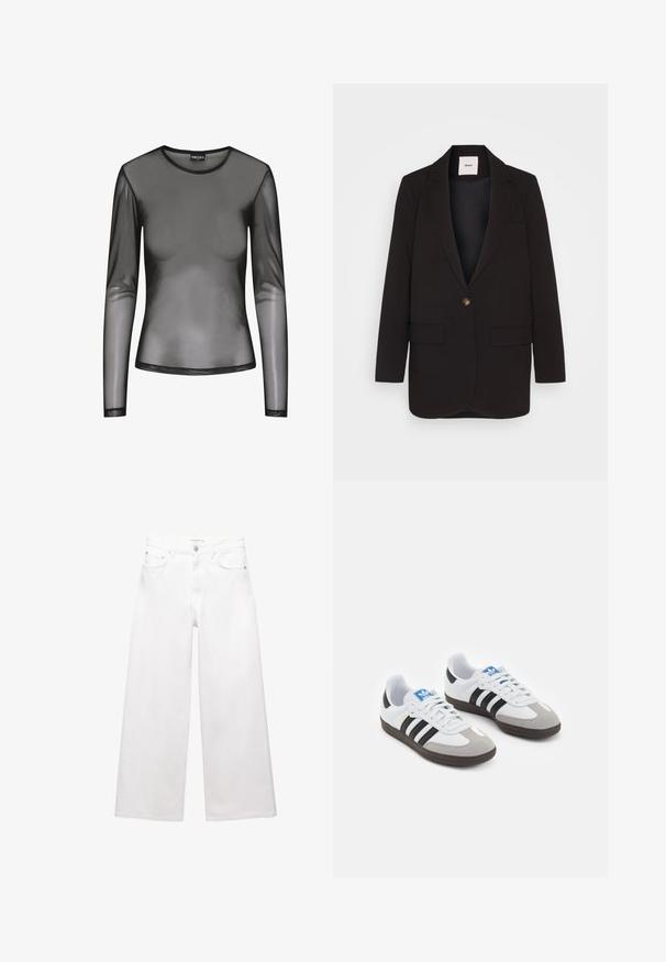 Mustapuku, jossa on yksi nappi, kaksi etutaskua, lovitetut läpät ja sileä pinta. Tunnus näkyvissä kauluksessa.; Musta pitkähihaisen verkkopaita pyöreällä kaula-aukolla, läpikuultavasta kankaasta ja istuvalla leikkauksella. Reunat on viimeistelty mustalla ompeleella.; Valkoiset leveälahkeiset farkut, jotka on valmistettu puuvillasta, sisältävät korkeavyötärön, viisi taskua ja messinkiset yksityiskohdat. Sujuva, ei kulutettu pinta.; Urheilukengät, joissa on valkoinen nahkainen päällinen, harmaa mokkanokka ja kolme mustaa raitaa. Ominaisuuksina sininen logo kielekkeessä ja kuvioitu kumipohja.