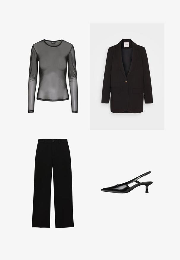Črn blazer z enim gumbom, dvema sprednjima žepoma, zarezanimi reverji in gladko teksturo. Oznaka vidna znotraj ovratnika.; Črna mrežasta majica z dolgimi rokavi in okroglim izrezom, izdelana iz prosojne tkanine s prilegajočim se krojem. Robovi so zaključeni s črnimi šivi.; Črne hlače z visokim pasom in širokimi nogavicami, izdelane iz gladkega materiala, z ravnim sprednjim delom, zapiranjem na gumb in brez vidnih žepov.; Črne patentični usnjeni salonarji s slingback designom, z zašiljenim nosom, izrezanim stranskim dizajnom in majhnim kvadratnim peto. Gladka tekstura z minimalnimi detajli.