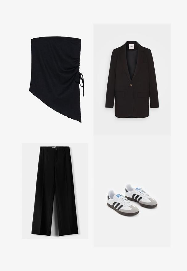 Sort blazer med en enkelt knaplukning, to frontlommer, klapkrave og en glat tekstur. Mærket er synligt indeni kraven.; Sort stofindpakning med en tekstureret overflade, der har en asymmetrisk form og rynkede detaljer, der er sikret med et sidesnor.; Sorte brede bukser lavet af letvægtsstof, med frontknaplukning og glat front, samt pænt syede kanter.; Sportsko med en overdel i hvid læder, grå ruskind på tåen og tre sorte striber. Har et blåt logo på tungen og en struktureret gummisål.