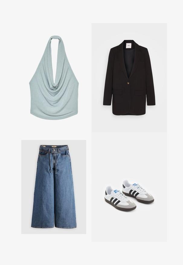 Crni sako s jednim dugmetom, dva prednja džepa, izrezanim reverom i glatkom teksturom. Oznaka vidljiva unutar ovratnika.; Svijetloplava halter majica izrađena od meke, teksturirane tkanine s drapiranim dizajnom i petljastim leđima. Glatka završnica s opuštenim krojem.; Crni čipkasti bodi s dugim rukavima, cvjetnim uzorcima i izrezom u obliku scoop; ima tanga rez na dnu za usku siluetu.; Traperice širokih nogavica u srednje plavoj boji s visokim strukom, koje imaju vezicu, pet džepova i kontrastne šavove.; Sportske cipele s gornjištem od bijele kože, sivi suedinasti nos i tri crne pruge. Imaju plavi logo na jeziku i teksturiranu gumenu podlogu.