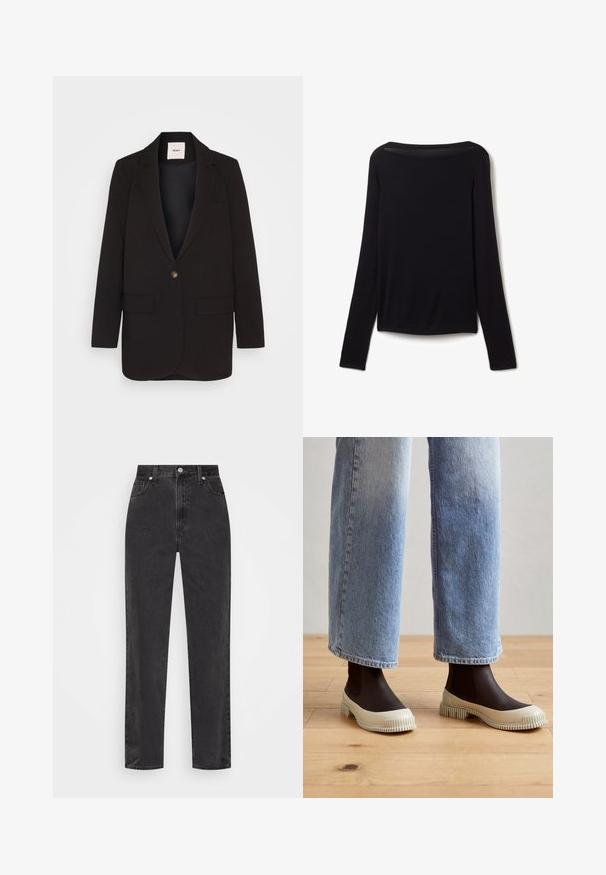 Blazer noir avec une fermeture à un bouton, deux poches avant, revers crantés et une texture lisse. Étiquette visible à l'intérieur du col.; Haut noir à manches longues en tissu doux, avec un large col et une coupe légèrement ample, sans motifs visibles ni détails matériels.; Jean noir taille haute en denim, avec une coupe droite, des poches avant, une fermeture éclair et un bouton en métal.; Bottes de cheville en caoutchouc marron avec une semelle crème texturée, associées à un jean large bleu clair. La texture est lisse avec un motif en stries.