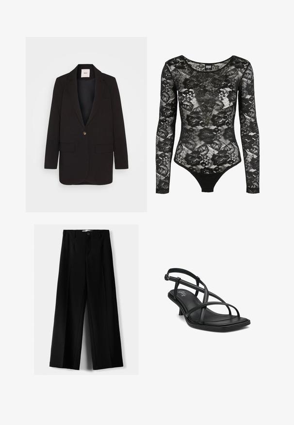 Blazer nero con chiusura a un bottone, due tasche frontali, rever a punta e una superficie liscia. Etichetta visibile all'interno del colletto.; Body in pizzo nero con maniche lunghe, motivi floreali e scollo a barca; presenta un taglio a perizoma nella parte inferiore per una silhouette aderente.; Pantaloni neri a gamba larga realizzati in tessuto leggero, caratterizzati da una chiusura frontale con bottone e frontale piatto, con orli cuciti con precisione.; Sandalo slingback in pelle nera con multiple cinghie incrociate, punta quadrata, tacco minimale e una soletta in tessuto liscio. Dettaglio con fibbia argentata.