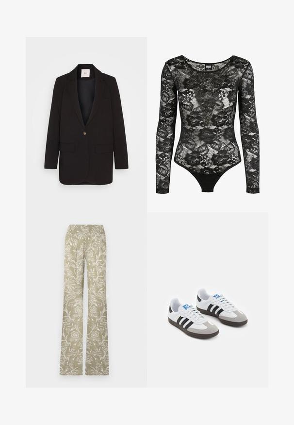 Melnā blazerī ar vienu pogu, divām priekšējām kabatām, izgrieztām atlokām un gludu tekstūru. Uzraksts redzams iekšpusē apvidū.; Melnās mežģīņu bodijānās ar garām piedurknēm, ziedu rakstiem un apaļu kakla izgriezumu; apakšā ir stringu griezums, kas nodrošina pieguļošu siluetu.; Izplūdušas bikses gaiši zaļā audumā ar baltu ziedu rakstu. Tam ir elastīga josta un teksturēta virsma.; Sporta apavi ar balto ādas virsu, pelēku zamšādas purngalu un trim melnām svītrām. Iezīmē zilu logotipu uz mēles un teksturētu gumijas zoli.