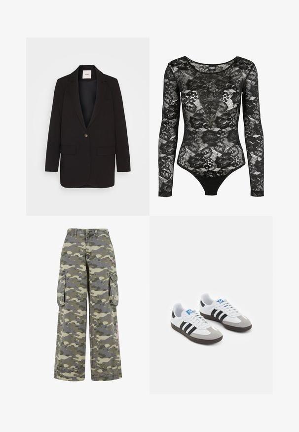 Schwarzer Blazer mit einem einzigen Knopfverschluss, zwei vorderen Taschen, Einschlagkragen und einer glatten Textur. Etikett sichtbar im Kragen.; Schwarzer Spitzenbodysuit mit langen Ärmeln, floralen Mustern und U-Ausschnitt; verfügt am Boden über einen Tanga-Schnitt für eine figurbetonte Silhouette.; Cargo-Hosen in einem grün-beigen Camouflage-Muster, mit lockerem Schnitt, zwei Seitentaschen und einem rosa Akzent am Bein.; Sportschuhe mit einem Obermaterial aus weißem Leder, grauer Wildleder-Zehenkappe und drei schwarzen Streifen. Sie verfügen über ein blaues Logo auf der Zunge und eine strukturierte Gummisohle.