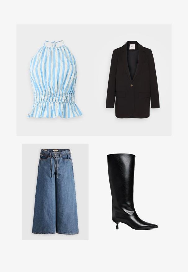 Čierny blazer s jedným gombíkom, dvoma prednými vreckami, klopami a hladkou textúrou. Nálepka viditeľná vo vnútri goliera.; Modrá a biela pruhovaná top s halter strihom, so z gathered bodicou, elastickým pásom a riaseným lemom. Vyrobené z ľahkého materiálu s textúrovaným povrchom.; Džínsy s širokými nohavicami v stredne modrej farbe, s vysokým pásom, sťahovacím pásom, piatimi vreckami a kontrastným prešívaním.; Čierne kožené vysoké čižmy po kolená s špicatou špičkou, štíhlym siluetou a nízkym blokovým podpätkom s lesklým povrchom.