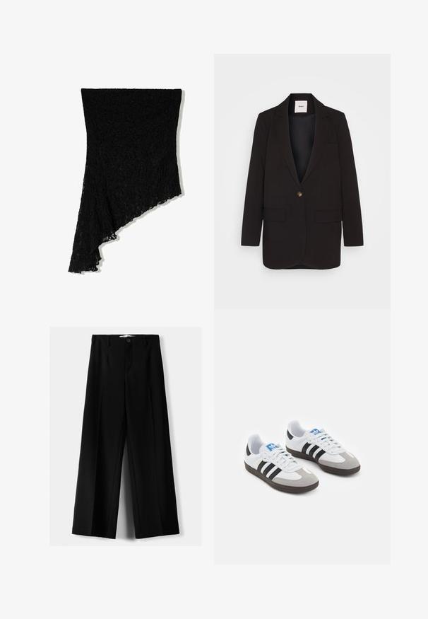 Mustapuku, jossa on yksi nappi, kaksi etutaskua, lovitetut läpät ja sileä pinta. Tunnus näkyvissä kauluksessa.; Mustapitsinen huivi, jossa on teksturoituja kukkakuoseja, epäsymmetrinen leikkaus ja saumattomat reunat, valuu tyylikkäästi toiselle puolelle.; Mustat leveälahkeiset housut, jotka on valmistettu kevyestä kankaasta. Housuissa on etunappikiinnitys ja tasainen etuosa, sekä huolellisesti ommellut helmat.; Urheilukengät, joissa on valkoinen nahkainen päällinen, harmaa mokkanokka ja kolme mustaa raitaa. Ominaisuuksina sininen logo kielekkeessä ja kuvioitu kumipohja.