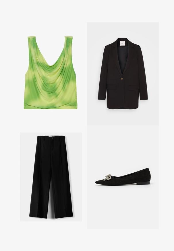 Sort blazer med en enkelt knaplukning, to frontlommer, klapkrave og en glat tekstur. Mærket er synligt indeni kraven.; Grøn draperet tanktop med en buet halsudskæring. Har et gradientmønster fra lys til mørk grøn. Lavet af glat, let stof.; Sorte brede bukser lavet af letvægtsstof, med frontknaplukning og glat front, samt pænt syede kanter.; Sorte suede flade sko med spids tå, prydet med en dekorativ sølvsløjfe på fronten, med en lav hæl.