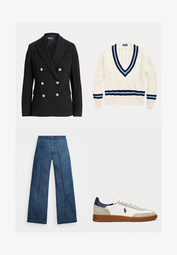 Blazer preto duplo com tecido liso, apresentando botões prateados, lapela com entalhe, dois bolsos frontais e design de corte justo.; Suéter creme com padrão de malha trançada e decote em V, apresentando riscas azul marinho e azul claro na gola e na bainha inferior.; Jeans de ganga de perna larga em azul escuro, com cintura alta, detalhes em costura e dois bolsos traseiros. Textura suave com um ligeiro brilho.; Sapatilhas brancas e bege com um cabedal em camurça e pele, detalhes em azul-marinho e uma sola em borracha castanha. Apresenta o logótipo na lateral e um design com atacadores.