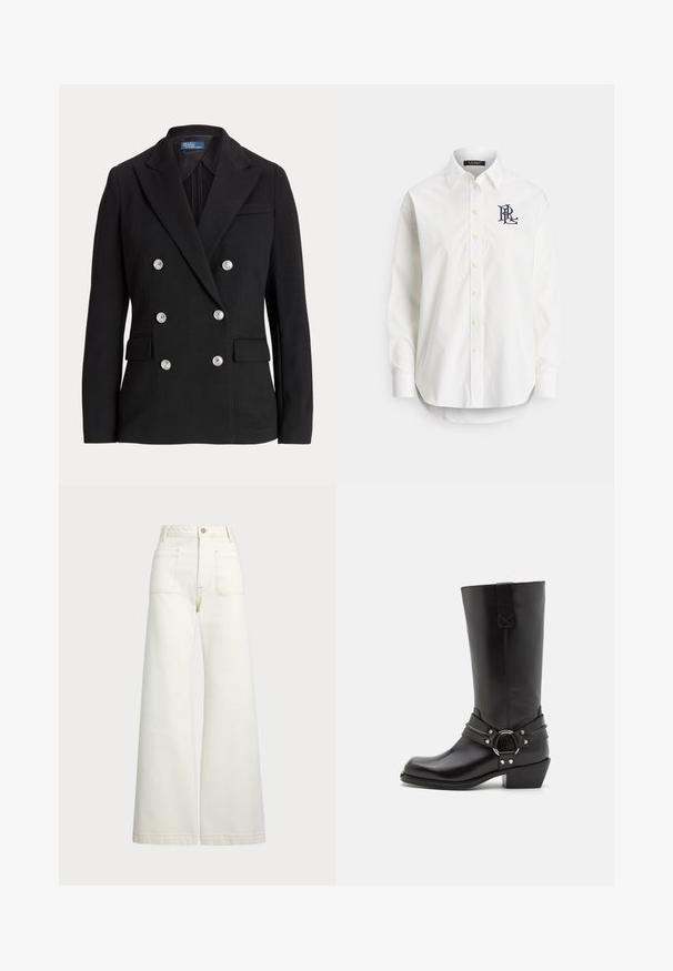 Melns dubultrindas bleizeris no gludas auduma, ar sudraba pogām, izgriezuma atloku, divām priekšējām kabatām un šauru piegriezumu.; Balta kokvilnas krekla ar garām piedurknēm, smailu apkakli un tumši zilā krāsā izšūtu logo uz kreisā krūtīm. Apļa formas apakšmala.; Platās kājas džinsi off-white denima. Augsta jostasvieta ar pogu aizdari, divas priekšējās kabatas un kontrastējošas šuvju detaļas.; Melni ādas zābaki līdz ceļiem ar norādītu purngalu, paaugstinātu papēdi un sprādzes detaļām. Gluda tekstūra, vienkārša dizaina un sudraba aparatūras akcenti.