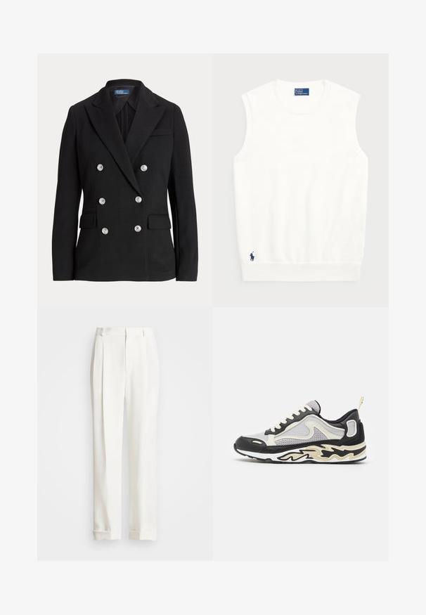 Czarna dwurzędowa marynarka wykonana z gładkiej tkaniny, z srebrnymi guzikami, klapą z wycięciem, dwoma przednimi kieszeniami oraz dopasowanym krojem.; Biały bezrękawnik z gładkiej bawełny, z odstającym dołem i małym granatowym logo w lewym dolnym rogu. Prosty design, bez wzorów.; Białe spodnie o dopasowanym kroju z dwoma zmarszczkami z przodu, prostą nogawką i zawiniętymi mankietami. Wykonane z gładkiego materiału, o klasycznym wzornictwie.; Szare sneakersy z czarnymi akcentami, siateczkowymi wstawkami i białymi sznurówkami. Posiadają wzór płomienia na podeszwie oraz małą żółtą pętelkę na pięcie.
