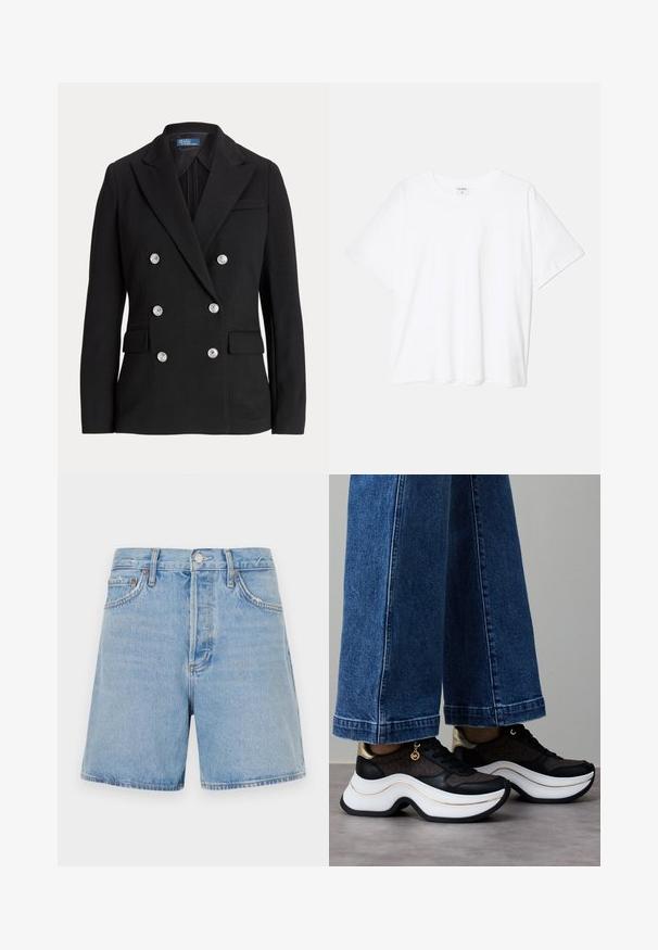 Fekete, kétsoros gombolású blézer, sima anyagból, ezüst gombokkal, bevágott gallérral, két első zsebbel és karcsúsított szabással.; Fehér pamut póló rövid ujjal, kerek nyakkivágással, laza fazonnal és varrott szegéllyel. Címke látható a belső nyakrészén.; Világoskék farmer rövidnadrág egyenes szabással, két elülső zsebbel, gombos és cipzáras záródással, valamint enyhe kopásokkal az élén.; Fekete és arany sportcipők ívelt, fehér talppal. Texturált szövet logós részletekkel. Széles, kék farmernadrággal párosítva.